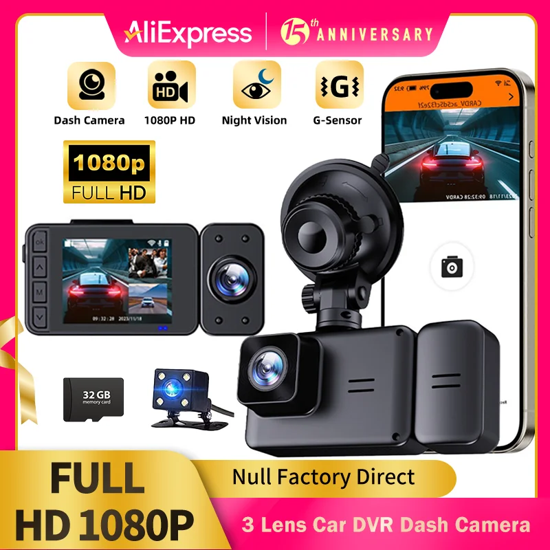 Null 2.3inch 3 Channel Full HD 1080P Dashcams for cars Inside Vehicle Camera DVRs Recorder Video Dashcam Front And Rear Camera