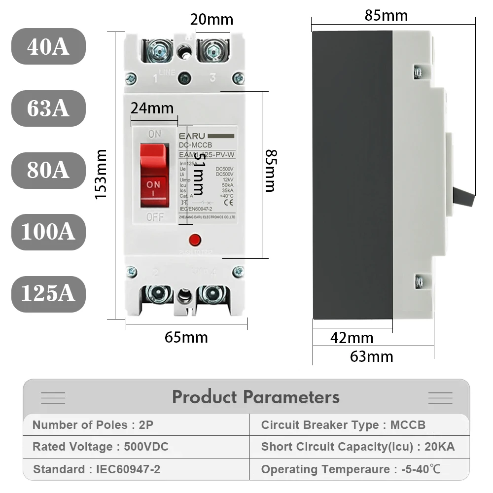 2P DC 500V DC Solar Molded Case Circuit Breaker MCCB Overload Protection Switch Protector for Solar Photovoltaic PV 100A 125A