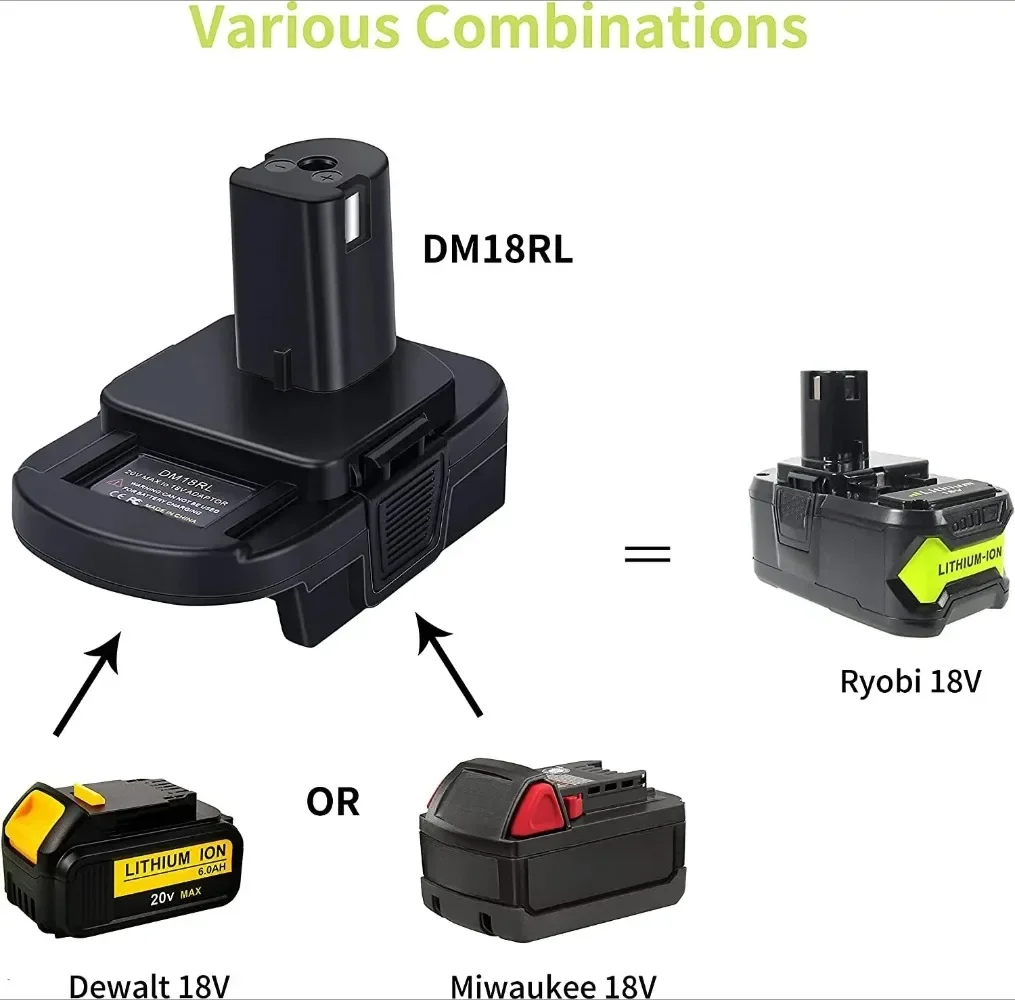 DM18RL Battery Adapter for Dewalt for Milwaukee 20V/18V Li-Ion Battery Convert to for Ryobi 18V P108 Battery Tool Drill