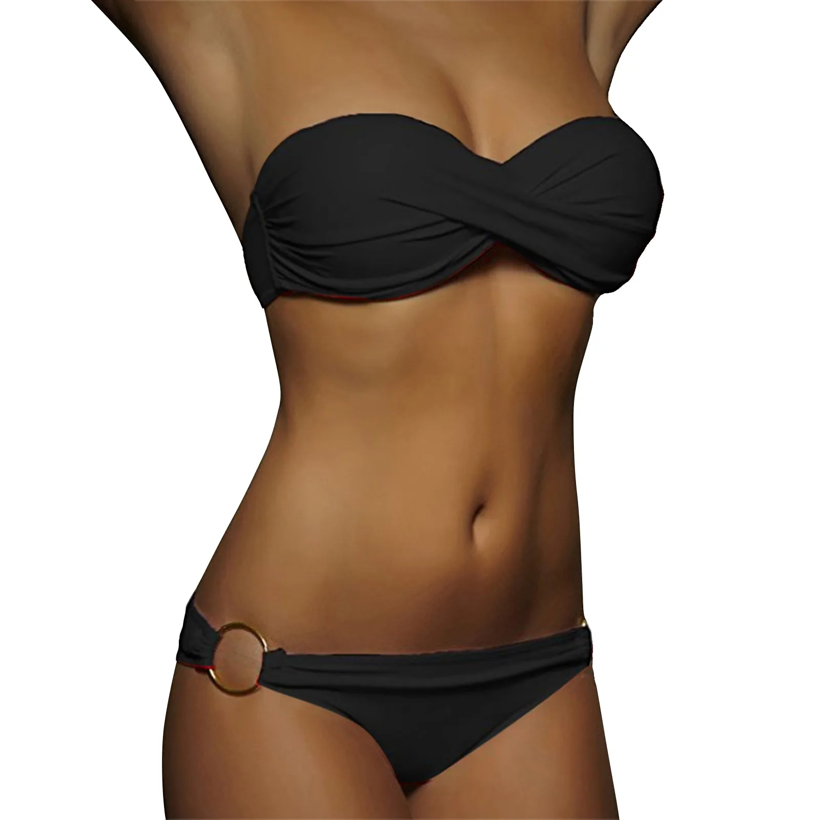 Solid Color Metal Ring Sexy Swimsuit Two Piece Bathing Suits For Women Detachable Suspenders High Waisted Ladies Bikini Sets