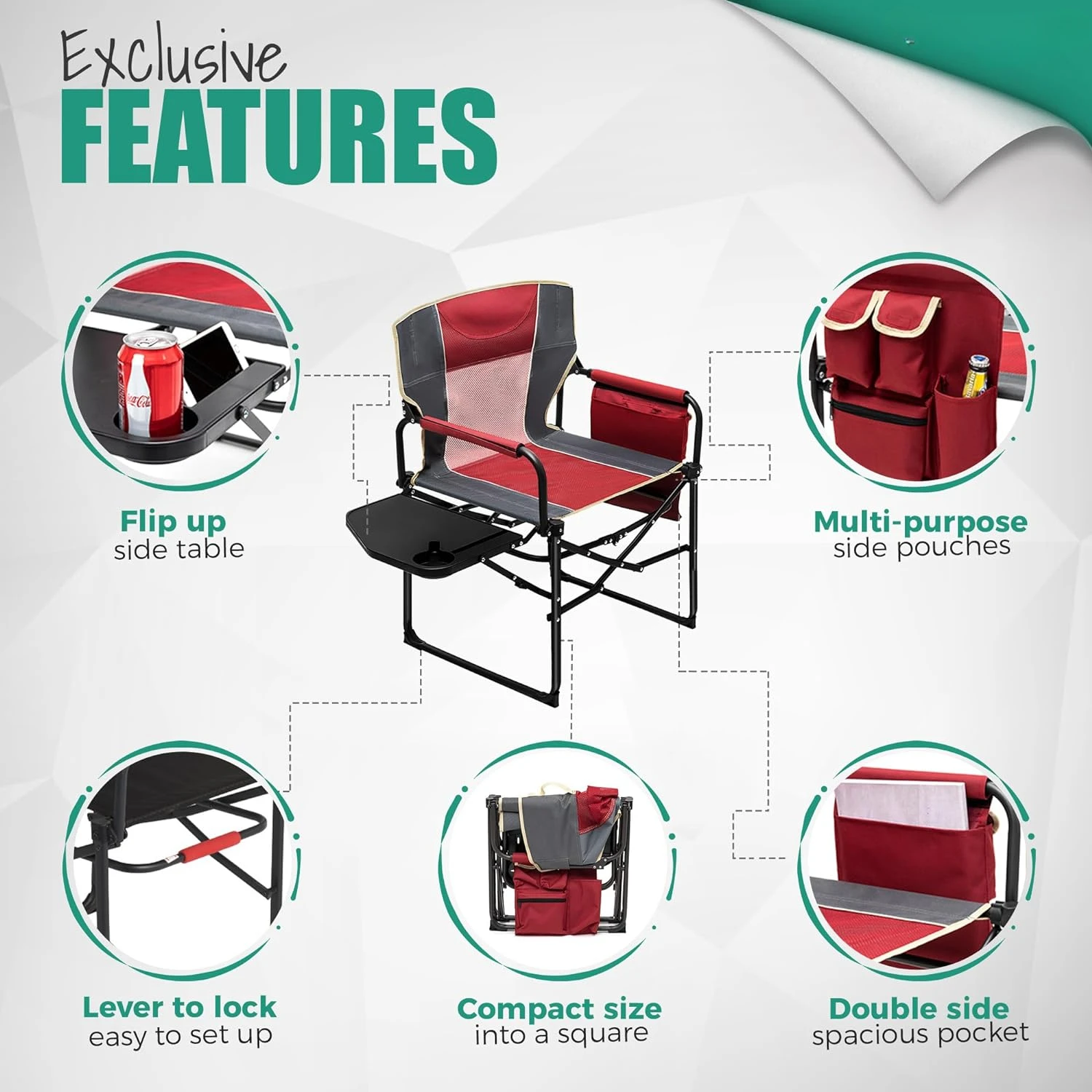 Portable Camping Directors Chair, Heavy Duty, Cadeira dobrável de grandes dimensões com mesa lateral, Bolso para praia