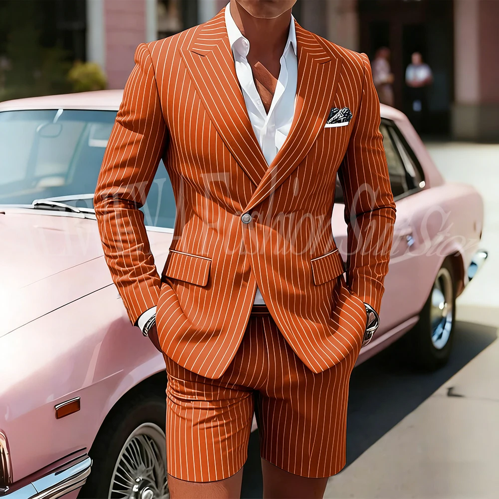 Heren Roze Gestreept Piek Revers Single Breasted Pak Set Blazers Korte Broek Dagelijks Casual Sportief Pak Voor Bruiloft Banketpakken