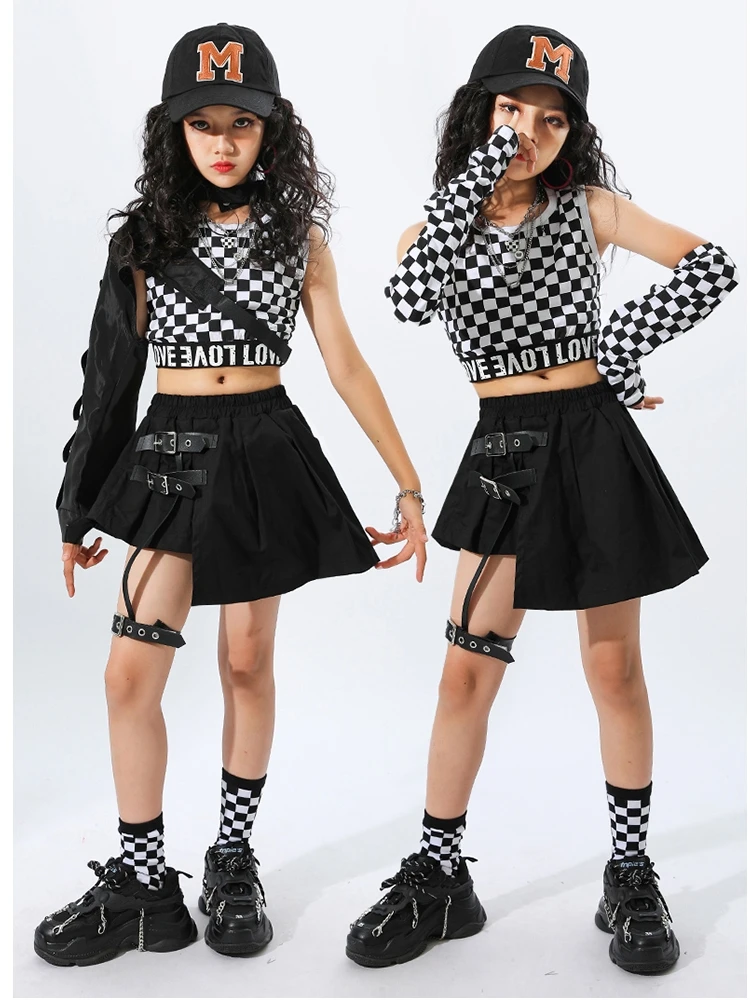 Tiener Meisjes Hip Hop Plaid Crop Top Zwarte Rok Kinderen Streetwear Cool Kleding Sets Street Dance T-shirt Kids Jazz Kostuums