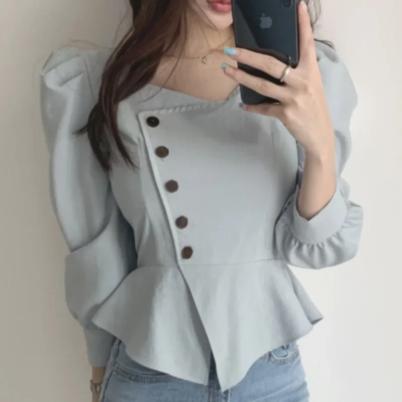 Chemise Femme Korean Chic Autumn Retro High Waist Puff Long Sleeve Square Collar Shirts Temperament Top Slim Blusas Camisas