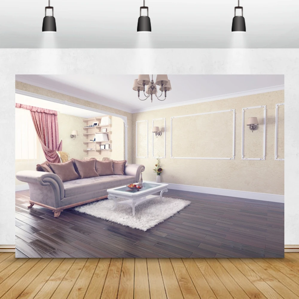 Laeacco 3D Living Room French Window Winter Scenic Tree Photography Background Sofa Curtain Photographic Backdrops Photo Studio