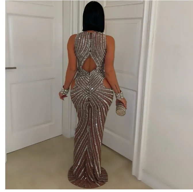 فستان زينينا كريستال (فضي) فاخر للنساء لحفلات أعياد الميلاد، فساتين أداء مثيرة لعرض المسرح