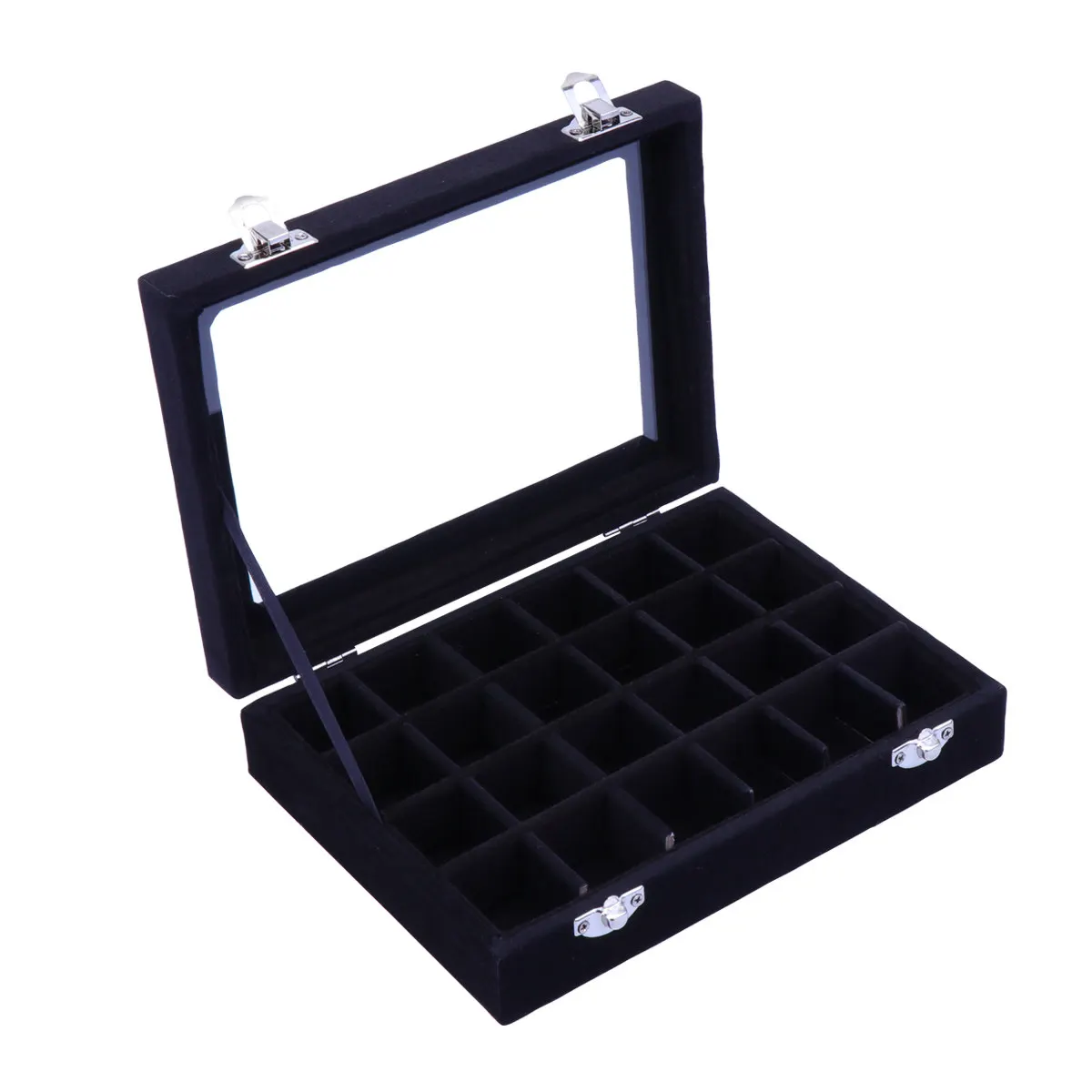 

Органайзер для украшений на 24 ячейки: стильный деревянный футляр для хранения серег, колец и ожерелий с прозрачной крышкой, черный, компактный, для рабочего стола