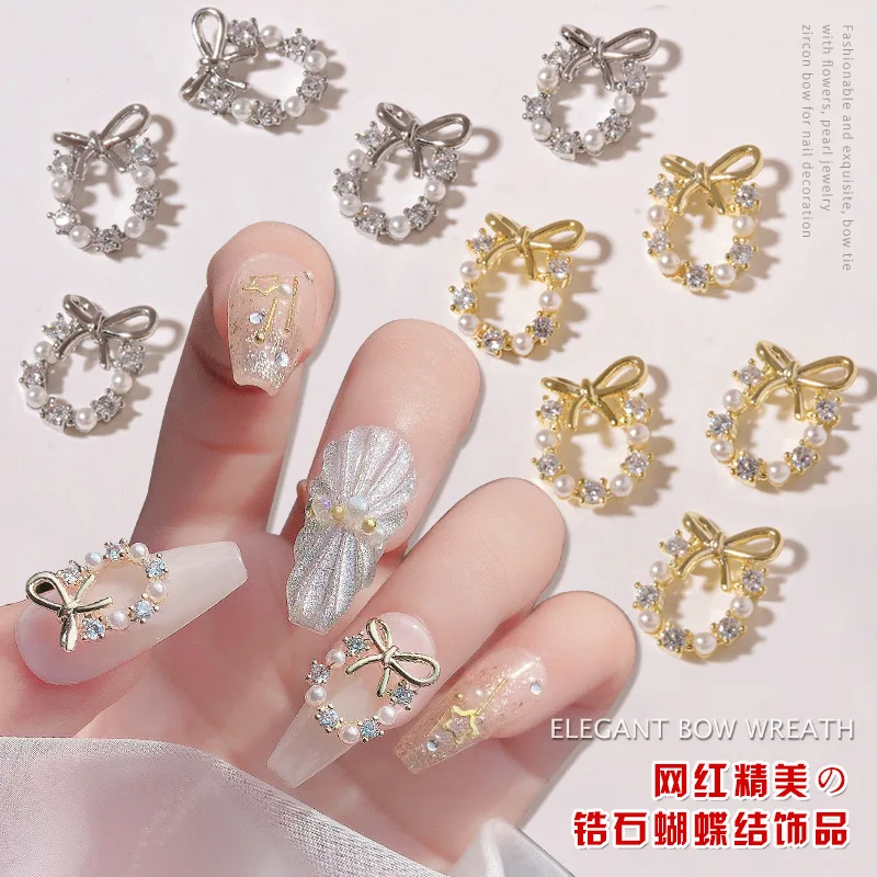 5pcs Luxury Zircon Christmas Wreath 3D Jewelry Crystal Pearls For Nails Rhinestone Charm Nail Tip Nail Art Decoration image 3