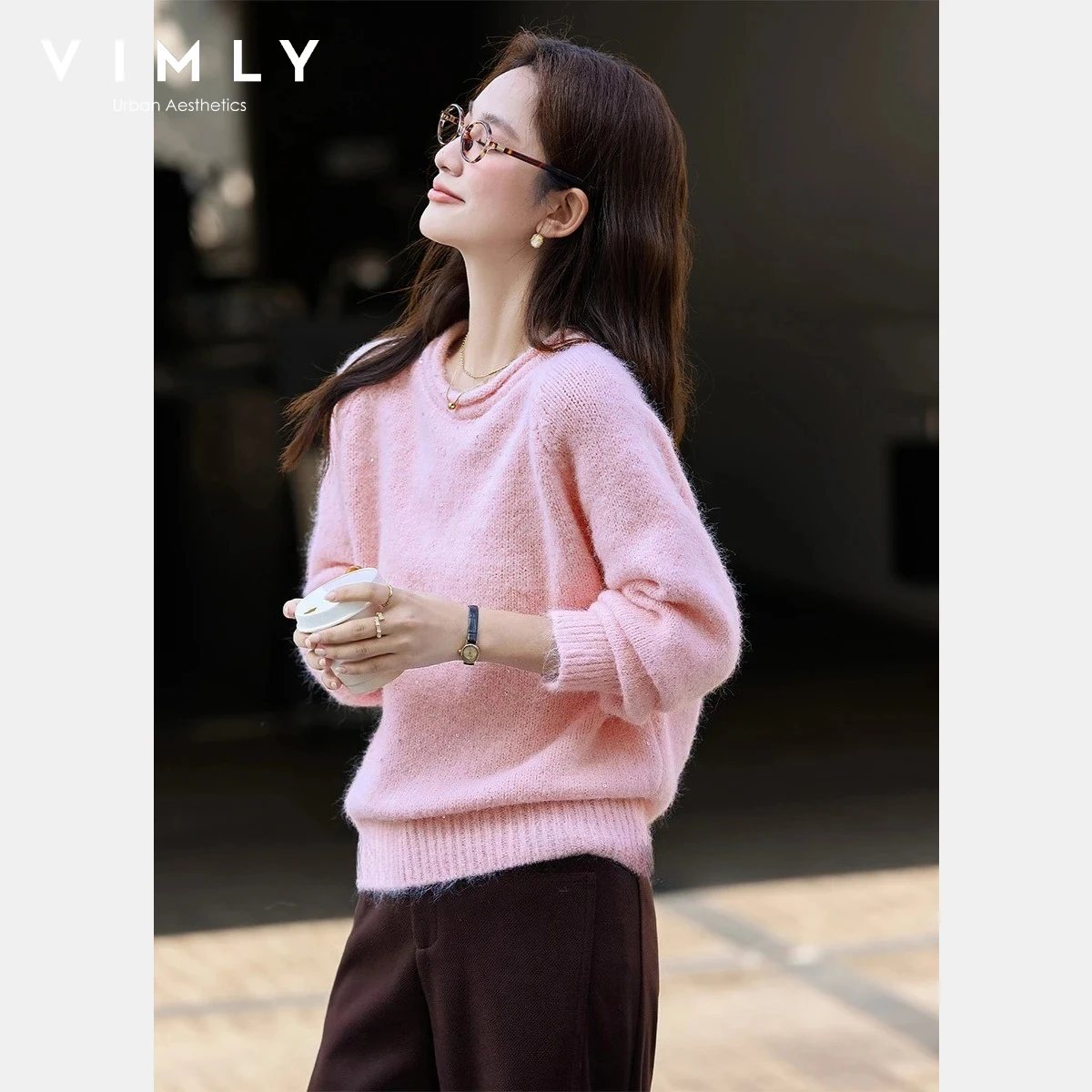 VIMLY Maglieria delle nuove donne 2025 Dolce misto lana solida Girocollo Maglione con paillettes Maniche lunghe Abiti invernali caldi Donna 30396