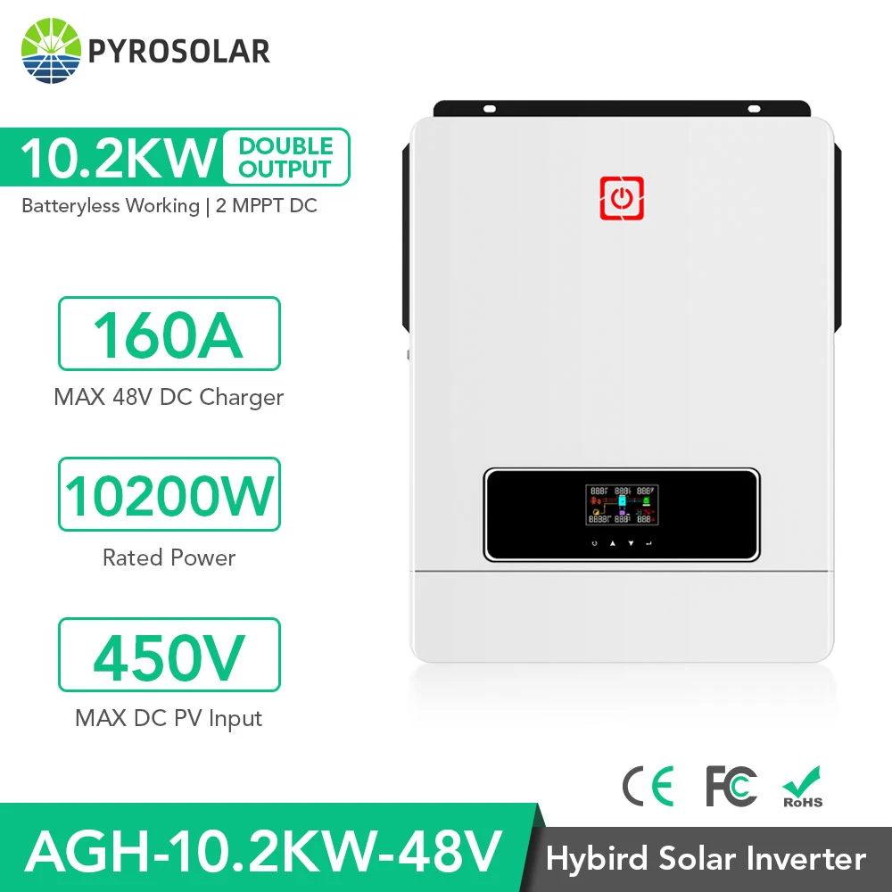 

10.2KW 2 MPPT On/Off grid Solar Hybrid Inverter 10kw Pure Sine Wave Inverter Built-in 160A Charger DC48V to AC 230V Output 2 PV