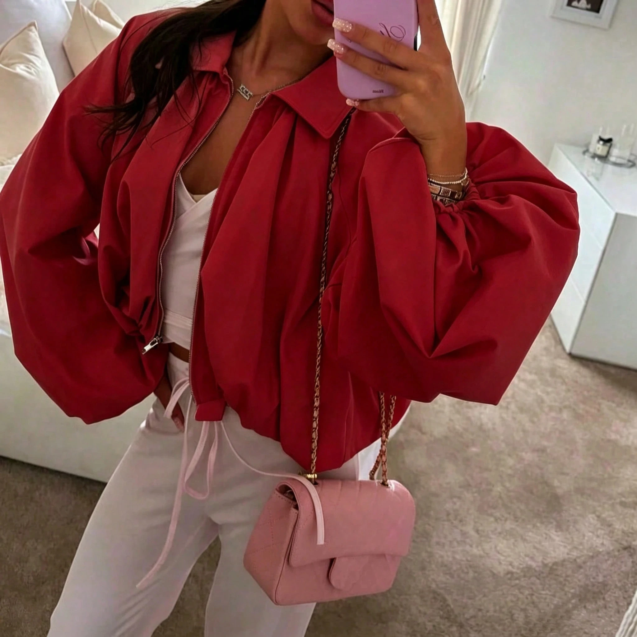 Damen-Cropped-Jacke mit Revers, Laternenärmeln, gerafftem Rücken, lockerer Passform, kurze Oberbekleidung, lässige Streetwear, für den Alltag, Büro, modische Oberteile – Detail 1