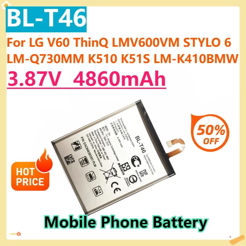 For LG V60 ThinQ LMV600VM STYLO 6 LM-Q730MM K510 K51S LM-K410BMW LM-K5 13.87V 4860mAh BL-T47 BL-T46 BL-T49 BL-T48 Phone Battery