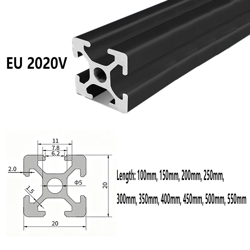 1/2Pcs Black 2020 V-Slot European Standard Anodized Aluminum Profile Extrusion 100mm-550mm Length Linear Rail for CNC 3D Printer
