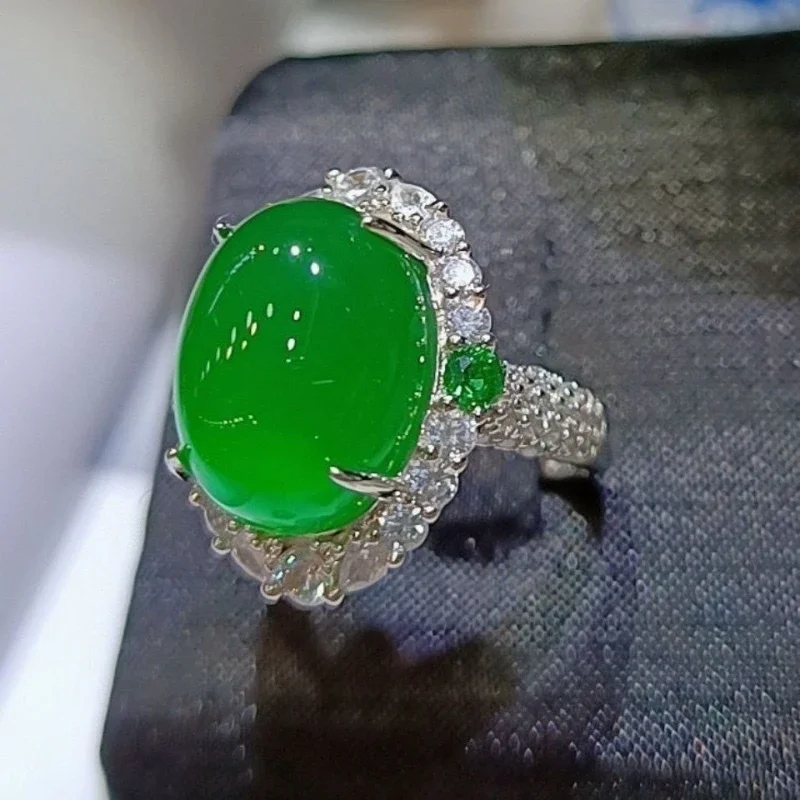 925 silver-plated inlaid high-ice emperor green chalcedony living women's ring green agate jade women's ring