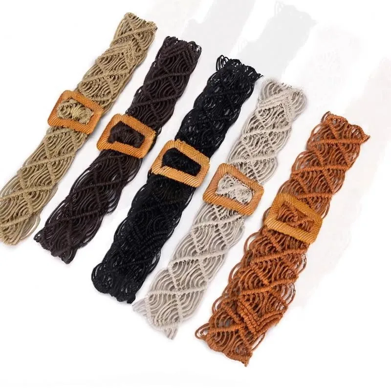 Trendy Niche Bohemian Waxed Cord Openwork Belt with Ethnic Flair—Versatile Handwoven Women’s Belt with Square Buckle for Dresses