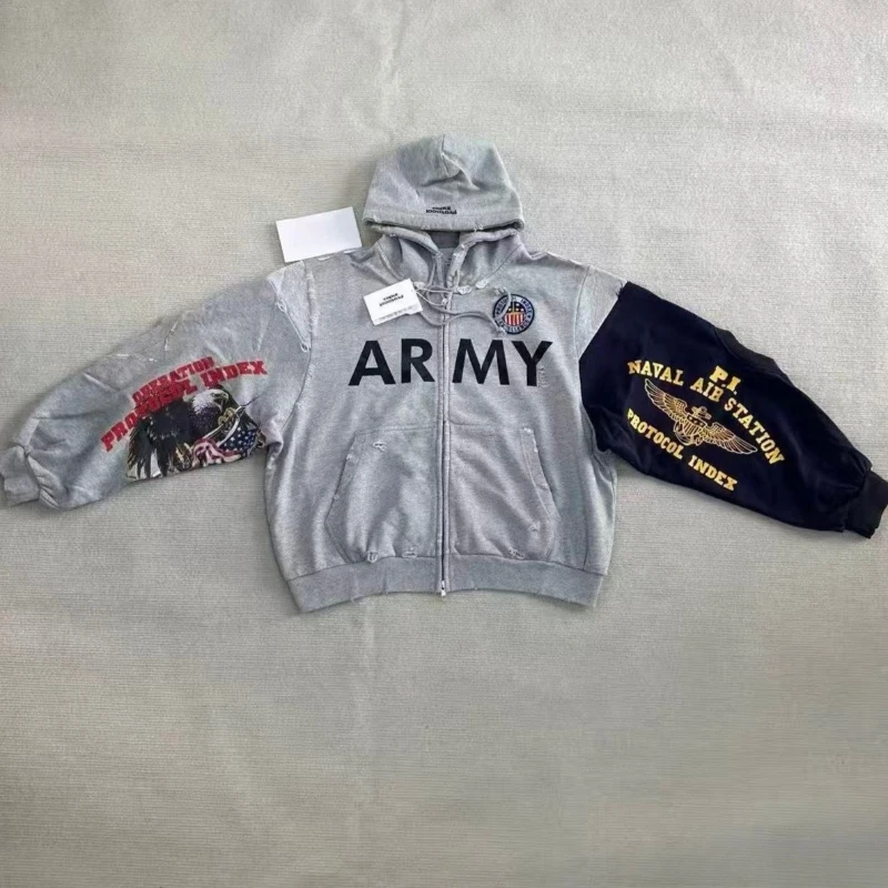 2025ss التالفة حفرة المرقعة مشروع G/R بلوزات شارع العليا التطريز فضفاض الرجال النساء زمم سترة معطف #1