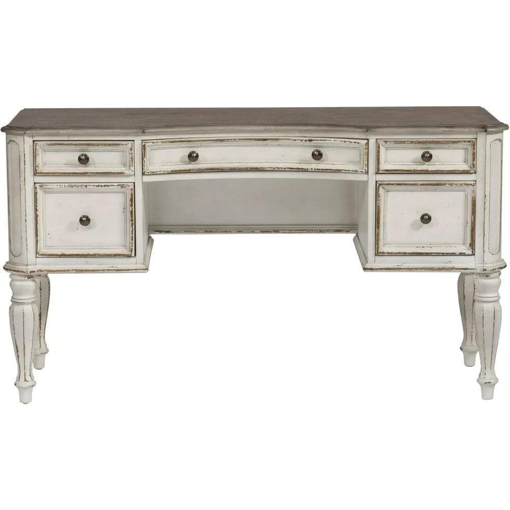 Vanity Desk, W54 x D18 x H30, Makeup Vanity with 5 Drawers with Glass Top, White Bedroom Dressing Table，Vanitys Desk