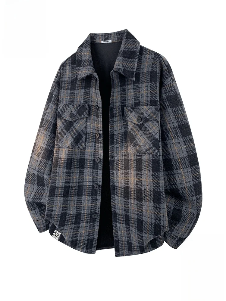 

PaulFrank Plaid Woolen Casual Jaet Men's Autumn Loose Fit Turn-down Collar Coat Trendy Brand Vintage Sle Button Closure
