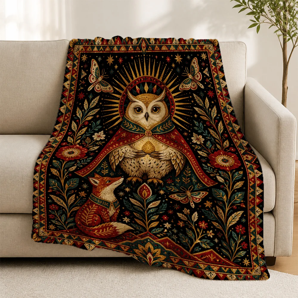 Boho Woodland Fox Owl Throw Blanket Tapestry Cottagecore Forest Butterfly Motif Couch Decor Fall Autumn Cozy Style Textile Art