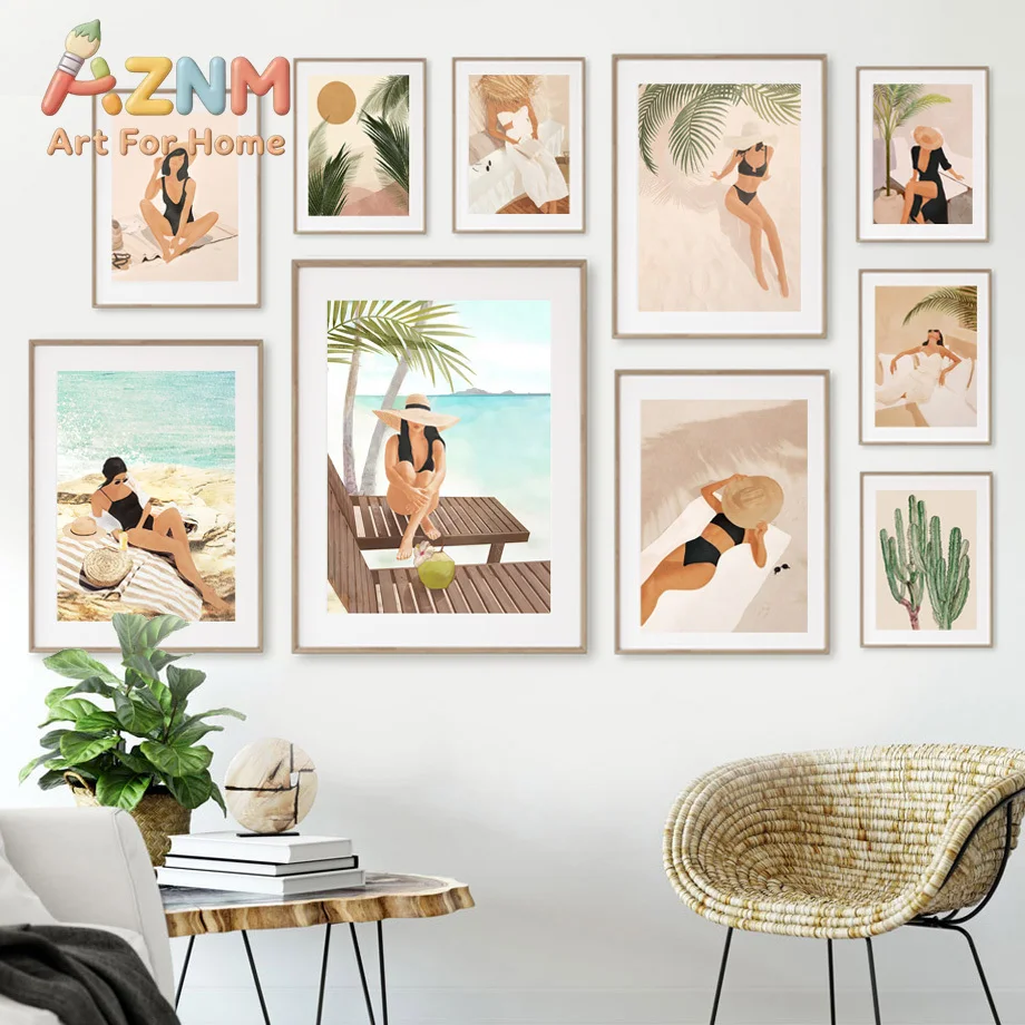 Boho Tropical Beach Wall Art Canvas Neutral Beige Vacation Posters Minimalist Woman in Swimsuit Palm Tree Cactus Room Home De