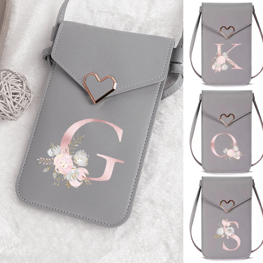 Shoulder Straps Wallet Transparent Touch Screen Phone Bag Pink Flower Letter Series Multilayer Shopping Bag Phone Storage Bags