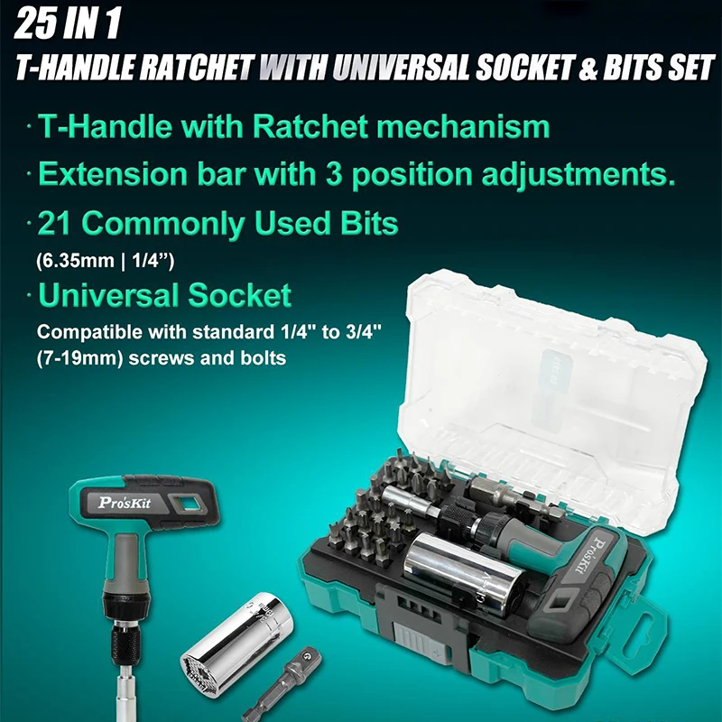 proskit T-Handle Ratchet 25-in-1 Universal Socket Screwdriver 3-Stage Extension Bar Versatile Socket Home Tool Set Garage