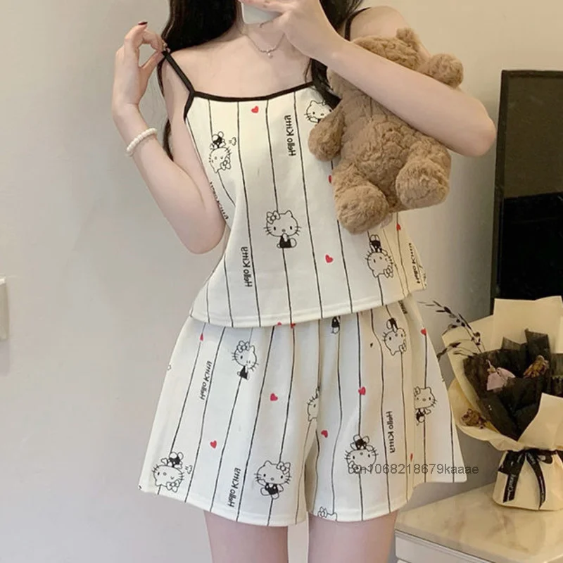 Sanrio Hello Kitty Chest Cushion Sleepwear Women\'s Summer Sleeveless Casual Sweet Home Wear Korean Style Cartoon Printed Pajamas