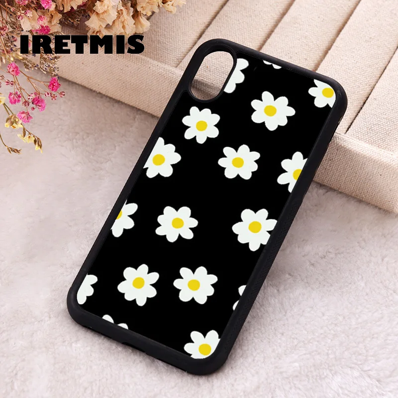 Iretmis Phone Cover Case For iPhone X XS Max XR 11 12 13 PRO MINI 14 15 16 Plus Rubber Silicone Black Daisy