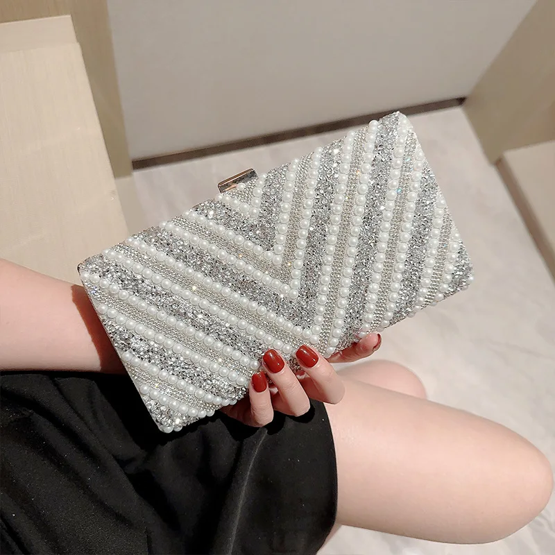 Luxy Moon Pearls Envelope Handbags Wedding Bride Bag Fashion Women Silver Luxury Clutch Purses Z666