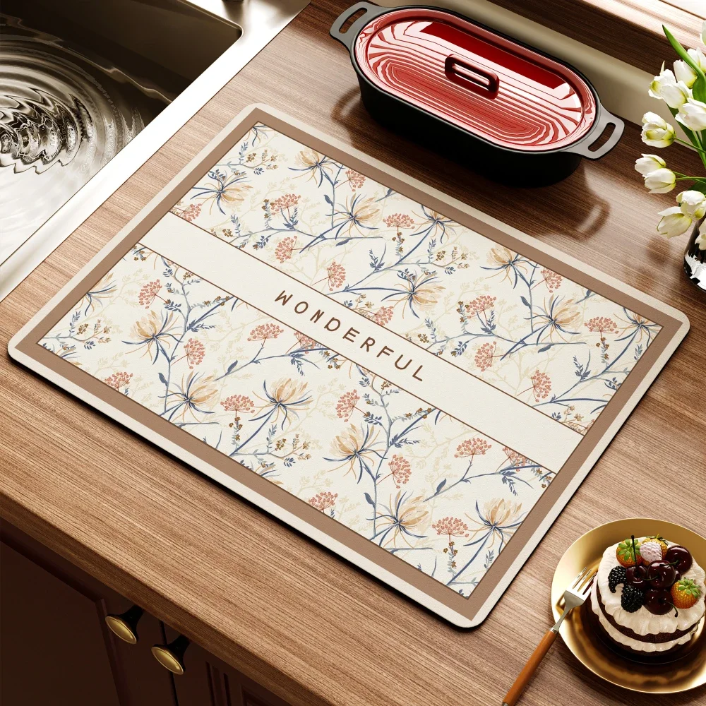 Retro Floral Print Diatom Mud Pad Kitchen Drying Mat Dish Absorbent NonSlip Dry Pad Coffee Machine Tea Cup Mat Tableware Decor