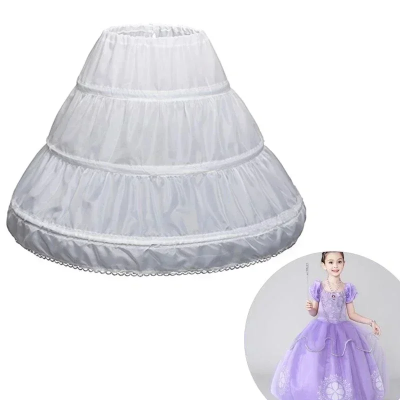 Hot Sale White Children Petticoat A-Line 3 Hoops One Layer Kids Crinoline Lace Trim Flower Girl Dress Underskirt Elastic Waist