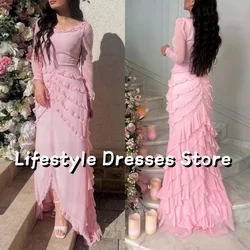 Customized Pink Chiffon Ruffles Prom Dresses Long Sleeves Front Slit Long Evening Dresses Plus Size  vestidos de festa