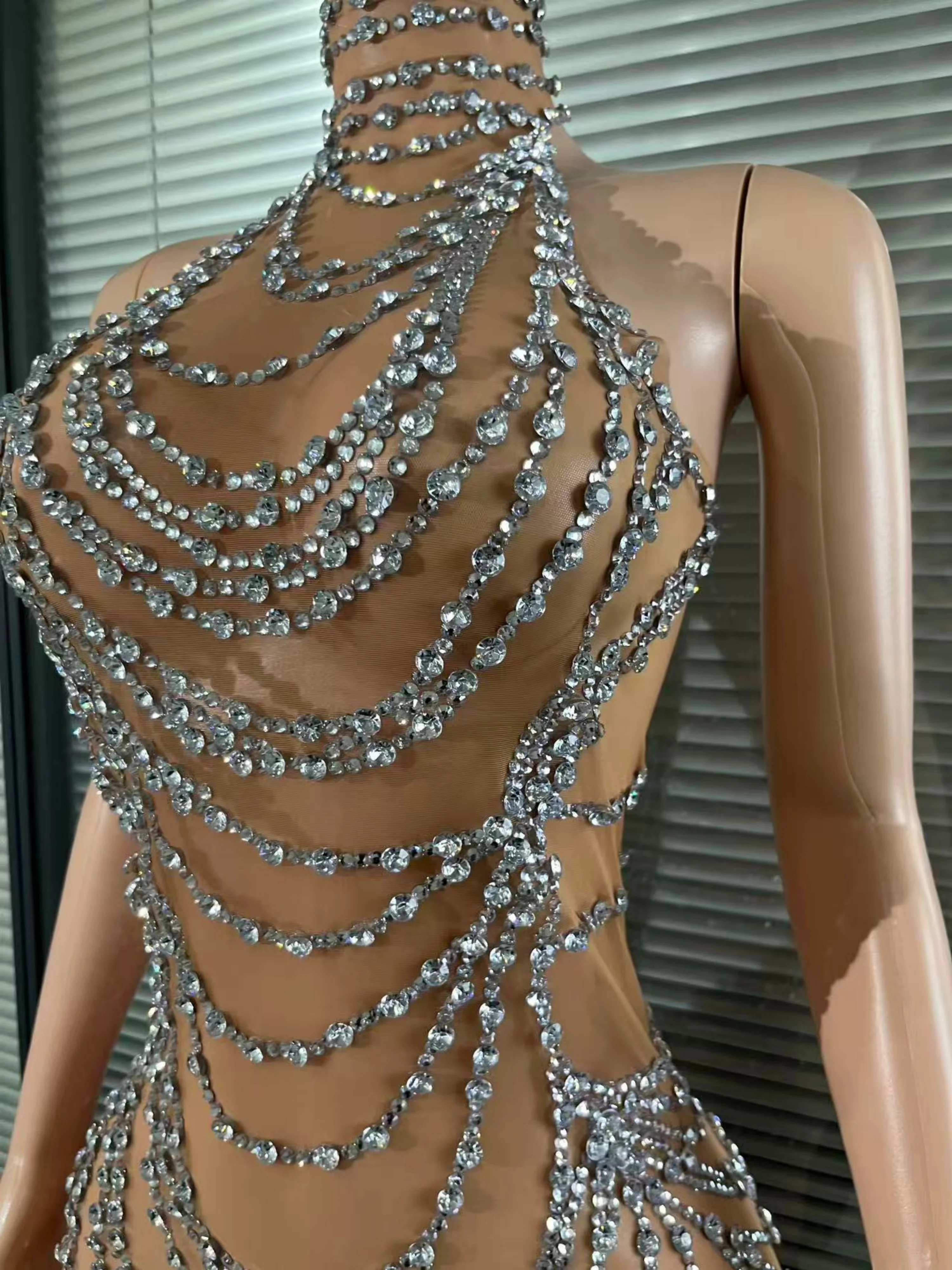 Sophisticated Sparkly Rhinestone Sexy Transparent Mesh Long Dress Luxury Birthday Club Party Gown Stage Performance Costume