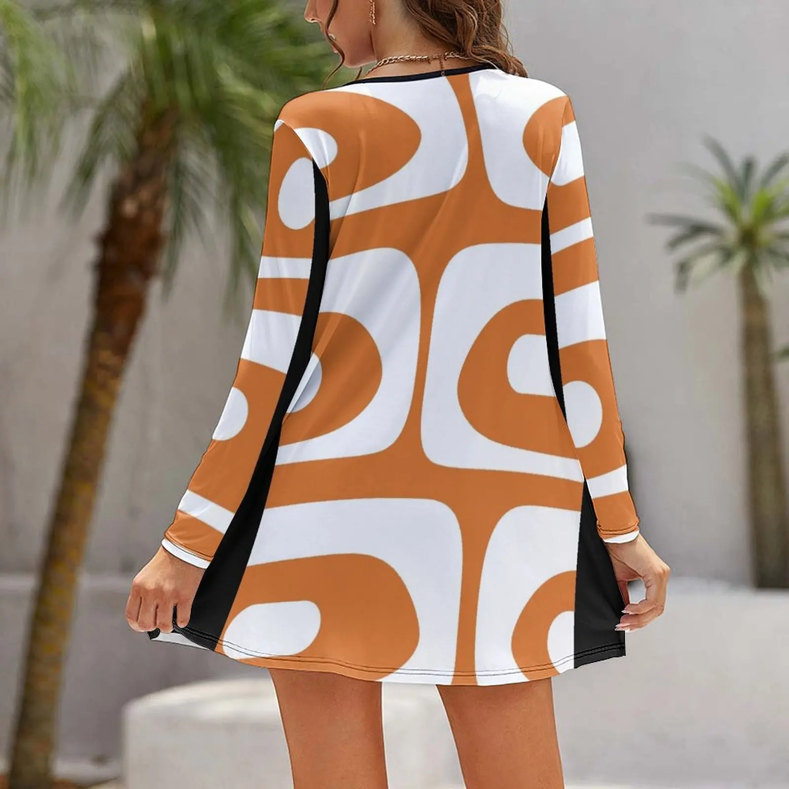 Vestido de manga larga holgado para mujer, Piqué moderno de mediados de siglo, patrón abstracto en naranja quemado y blanco, vestido de verano coreano