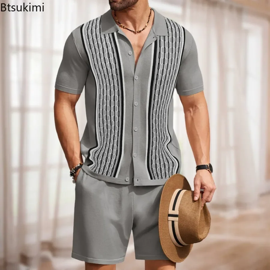 Sommer neue Eis Seide gestrickt Sets Herren lässig Jacquard kurz ärmel ige Polos hirt und Shorts zweiteilige Sets Männer Business Slim Anzug