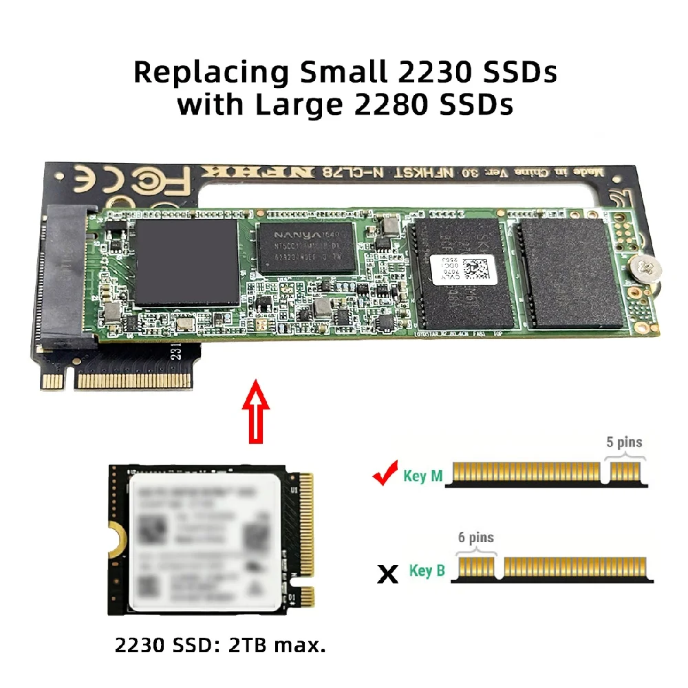 NVME M-Key 22x30mm to 22x80mm Angled Extension SSD Upgrade Adapter Compatible with MSI CLAW8 AI+ CLAW7 Gaming