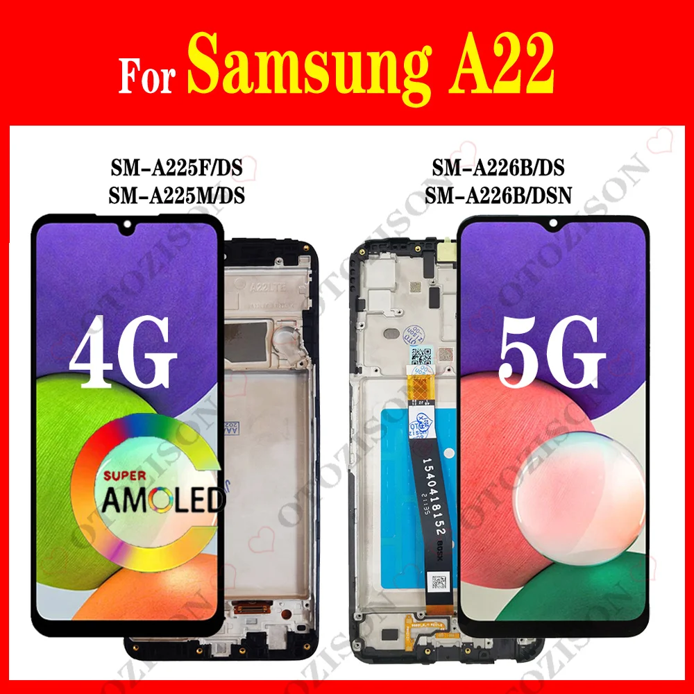 A22 5G A226B Display For Samsung Galaxy A22 4G A225 LCD With Frame A225F A225M Screen Touch Digitizer Assembly A226 Replacement