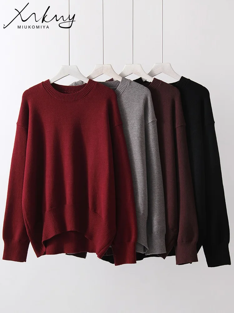 MiuKoMiYa Damski Zimowy Sweter Oversize Bordowy Dekolt Okrągły Vintage Luźne Swetry Świąteczne Eleganckie Bluzki Damskie — zdjęcie 7