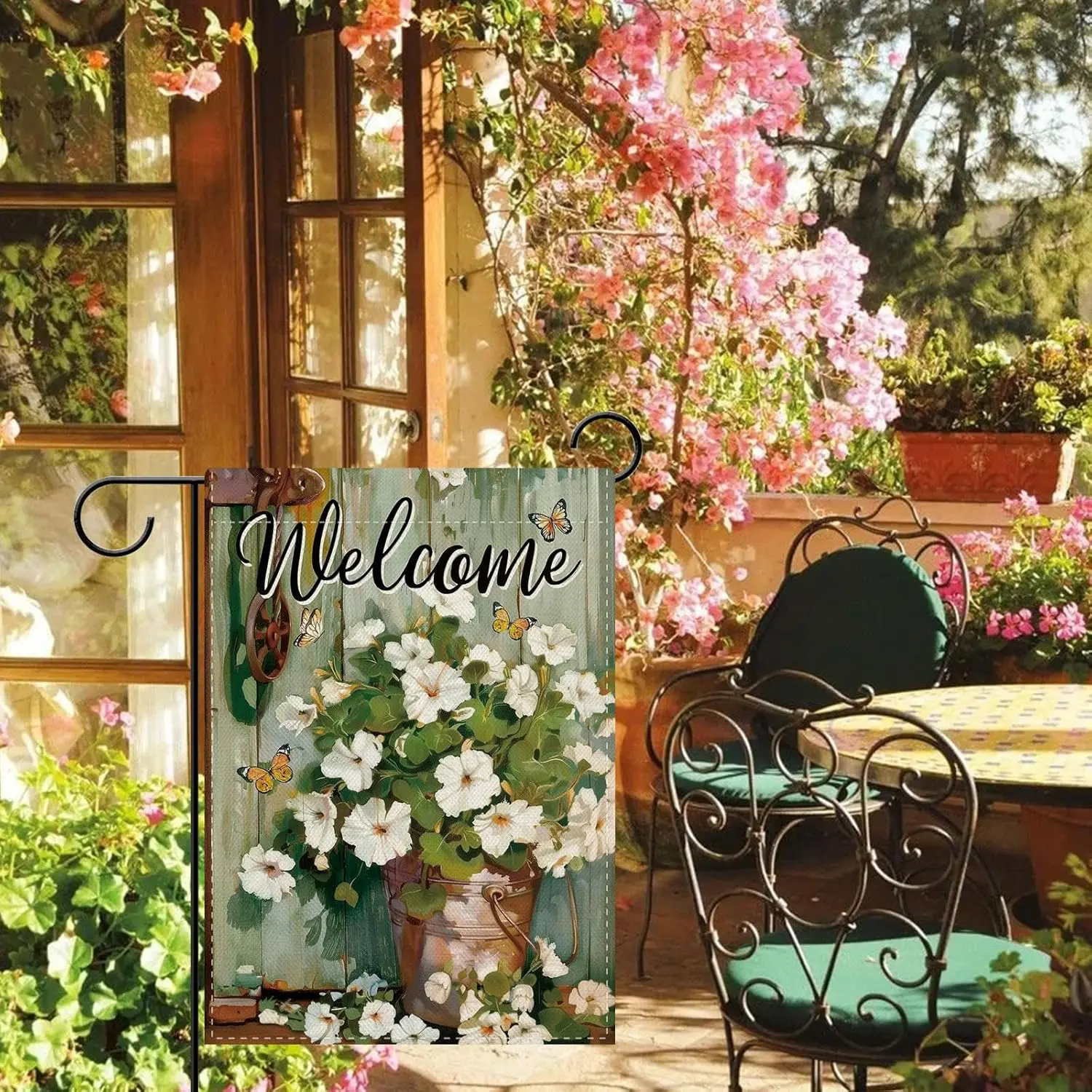 Dyrenson Welcome Spring Summer Petunia Flower Decorative Garden Flag, Vintage White Floral Butterfly Yard Outside Home Decor MMZ