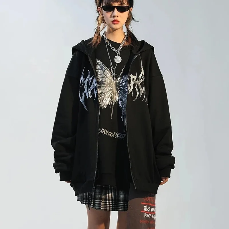 Gothic Graphic Print Jackets Women Y2K Zip Up Hoodies Streetwear Sweatshirts Hip Hop Tops Loose Harajuku Casual Coats