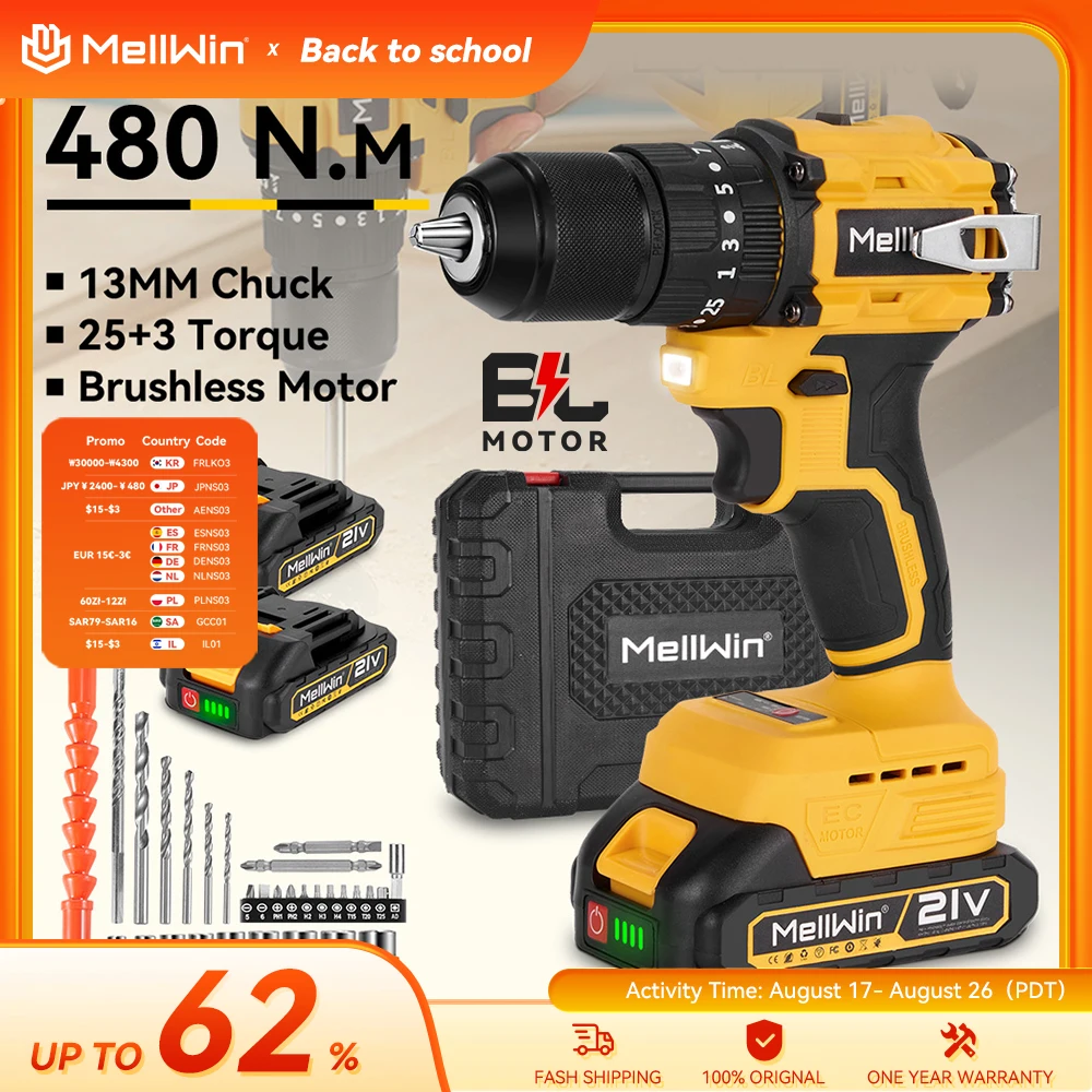 MELLWIN 480N.M Bürstenloser Elektrischer Schlagbohrer 25+3 Drehmomenteinstellungen Kabelloser Multischrauber für Makita 18V Akku