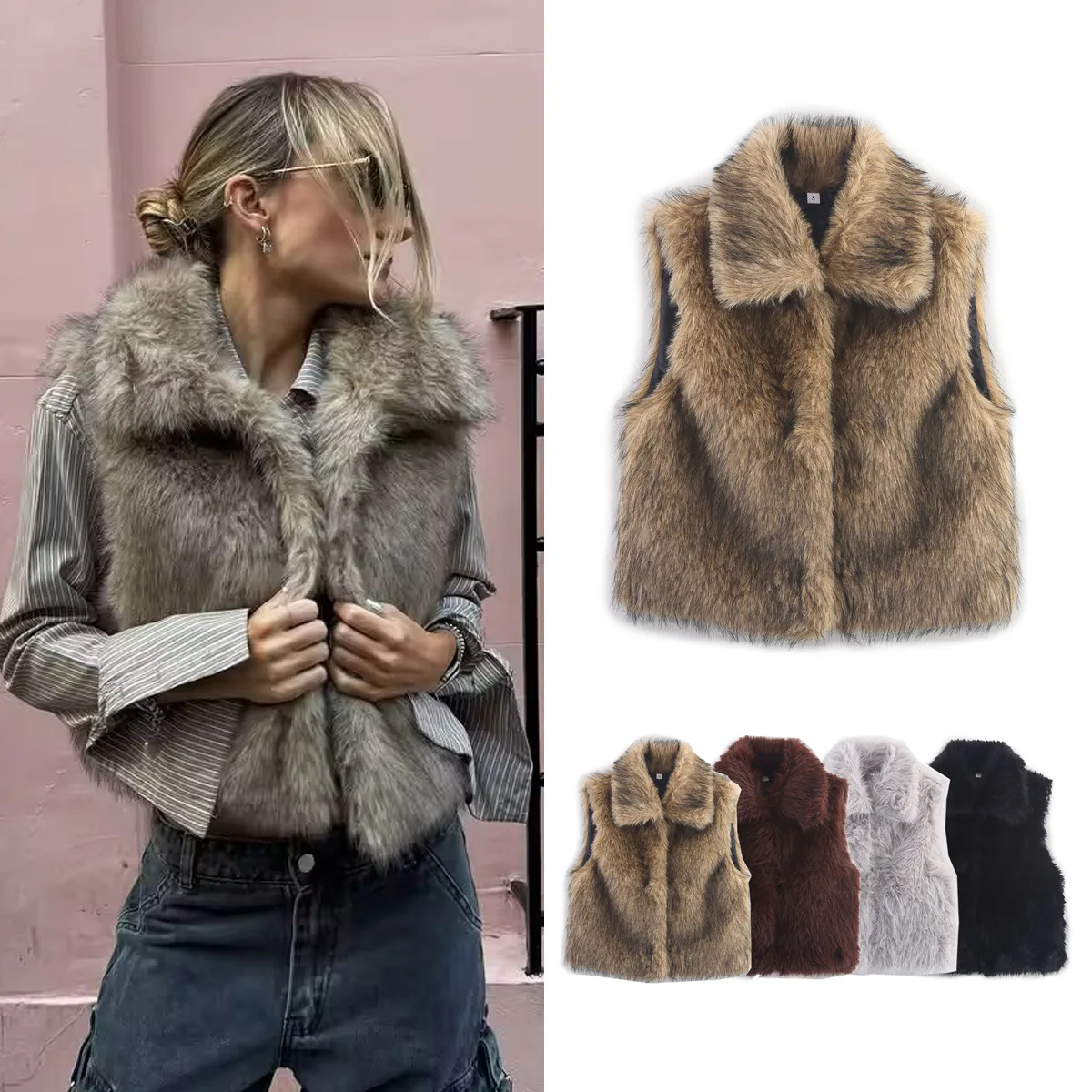 Women's Winter New Casual Street Style Faux Fur Vest Outerwear Top Daily Wear Outfits Cold Days Faux Fur Streetwear Tops