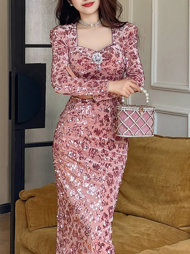 الخريف شيك عادية الحلو سباركلي الترتر مساء فستان ملابس حريمي أنيقة الرجعية طويلة الأكمام نحيل رداء حفلة عيد ميلاد Vestido