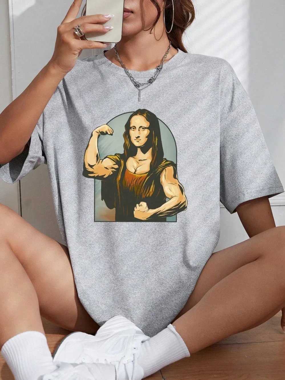 Playing Pranks On Mona Lisa Fitness Print Womens T Shirt Oversized Casual T-Shirt Casual Short Sleeve Cotton Loose Tshirt