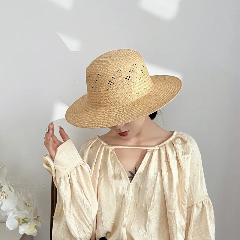 French Hollow Breathable Straw Woven Flat Top Hat Female All-matching Sun-proof Wide Brim Flat Brim Beach Straw Hat Summer