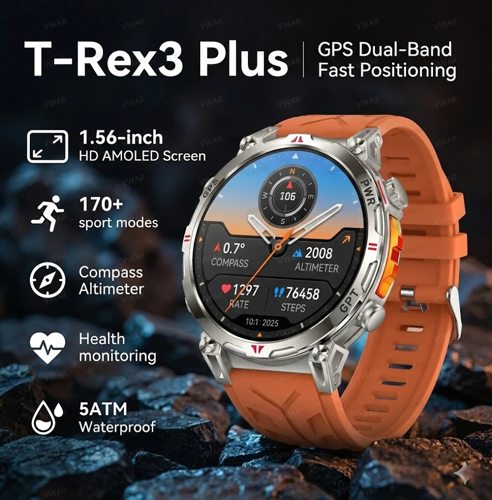 

Новые смарт-часы 2026 Military T-Rex 3 Plus с HD AMOLED-экраном 1,56 дюйма, водонепроницаемостью 5ATM, отслеживанием пульса и спортивными функциями для мужчин и женщин