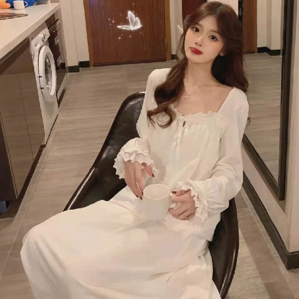 Long Sleeve Princess Style Nightdress Women's Pyjamas Lace Palace Korean Version Loose Plus Size 2025 New Nightgown Homewear
