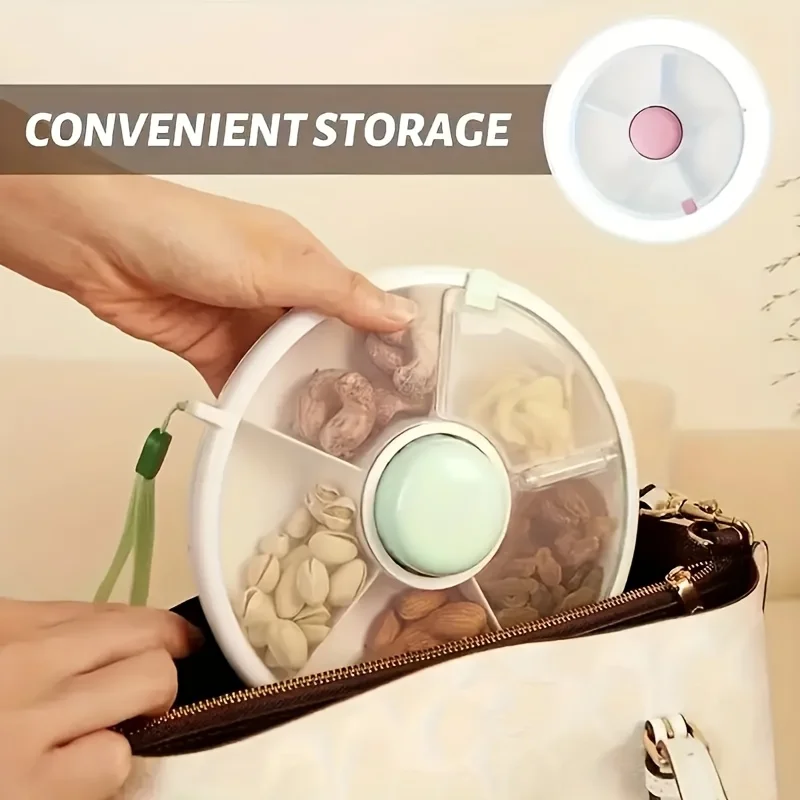 Caja de almacenamiento de aperitivos giratoria de 5 compartimentos, bandeja de frutas portátil para exteriores con tapa, organizador desmontable y lavable para el hogar, la escuela