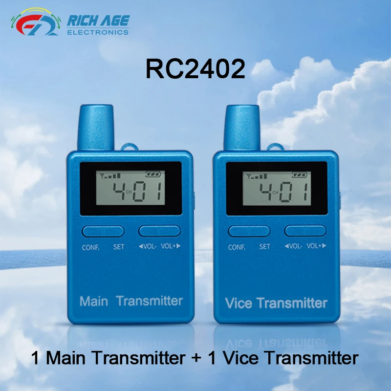 

RC2402 Two-way Guide Audio System 1 Main Transmitter Plus 1 Vice Transmitter With Microphone For Horse Riding Church Visiting