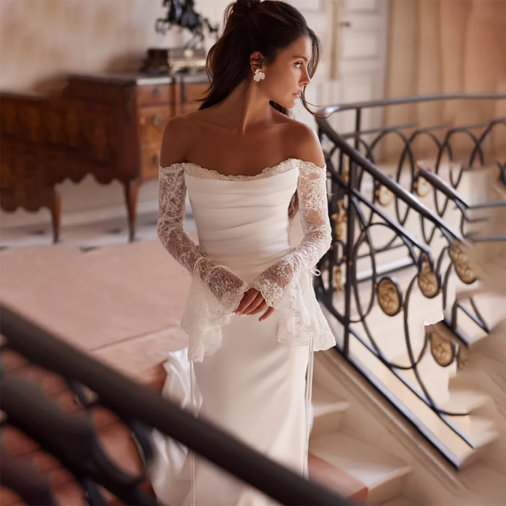 Robe de mariée sirène personnalisée, épaules dénudées, dentelle, manches longues, robes de mariée simples, fermeture éclair au dos, traîne de balayage, 2025